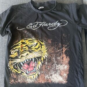 Ed Hardy Black Tee with Fierce Tiger Graphic thrifted y2k